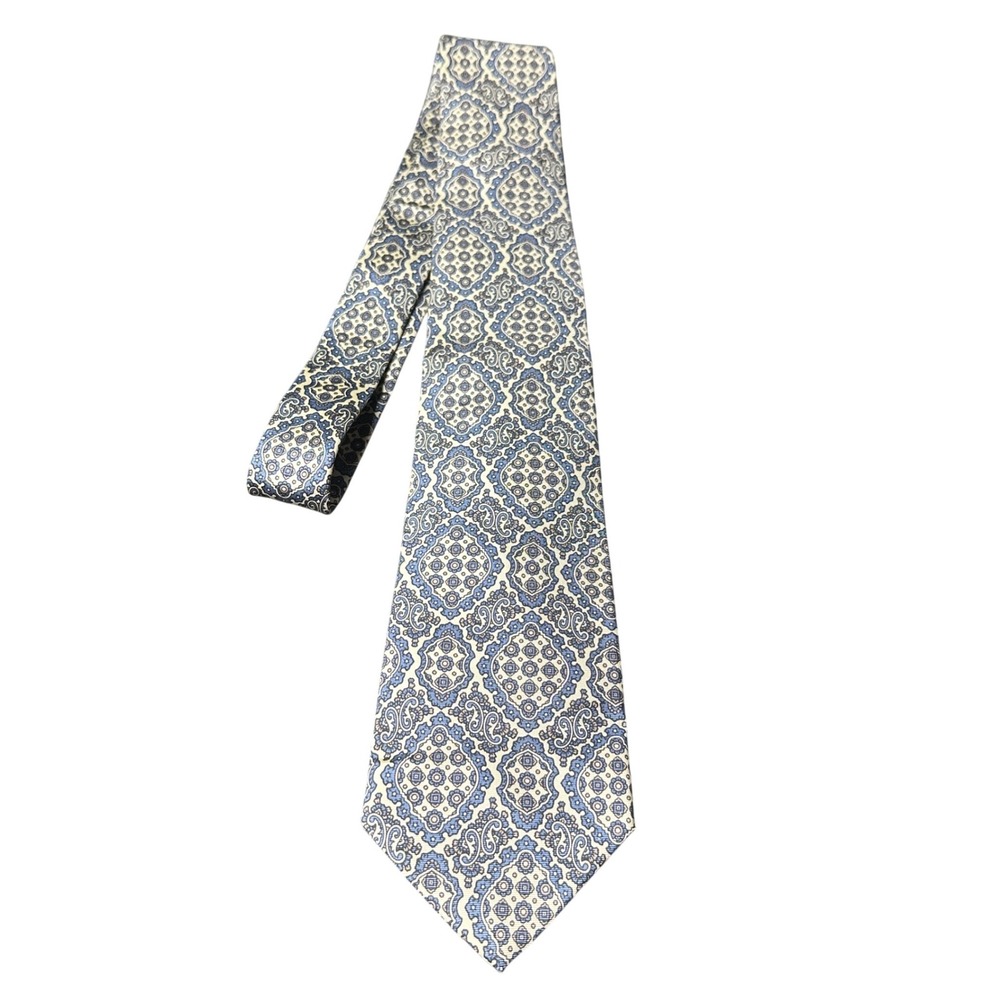 Angelica‎ Mens Silk Blend Geometric Pattern Necktie Blue White Formal